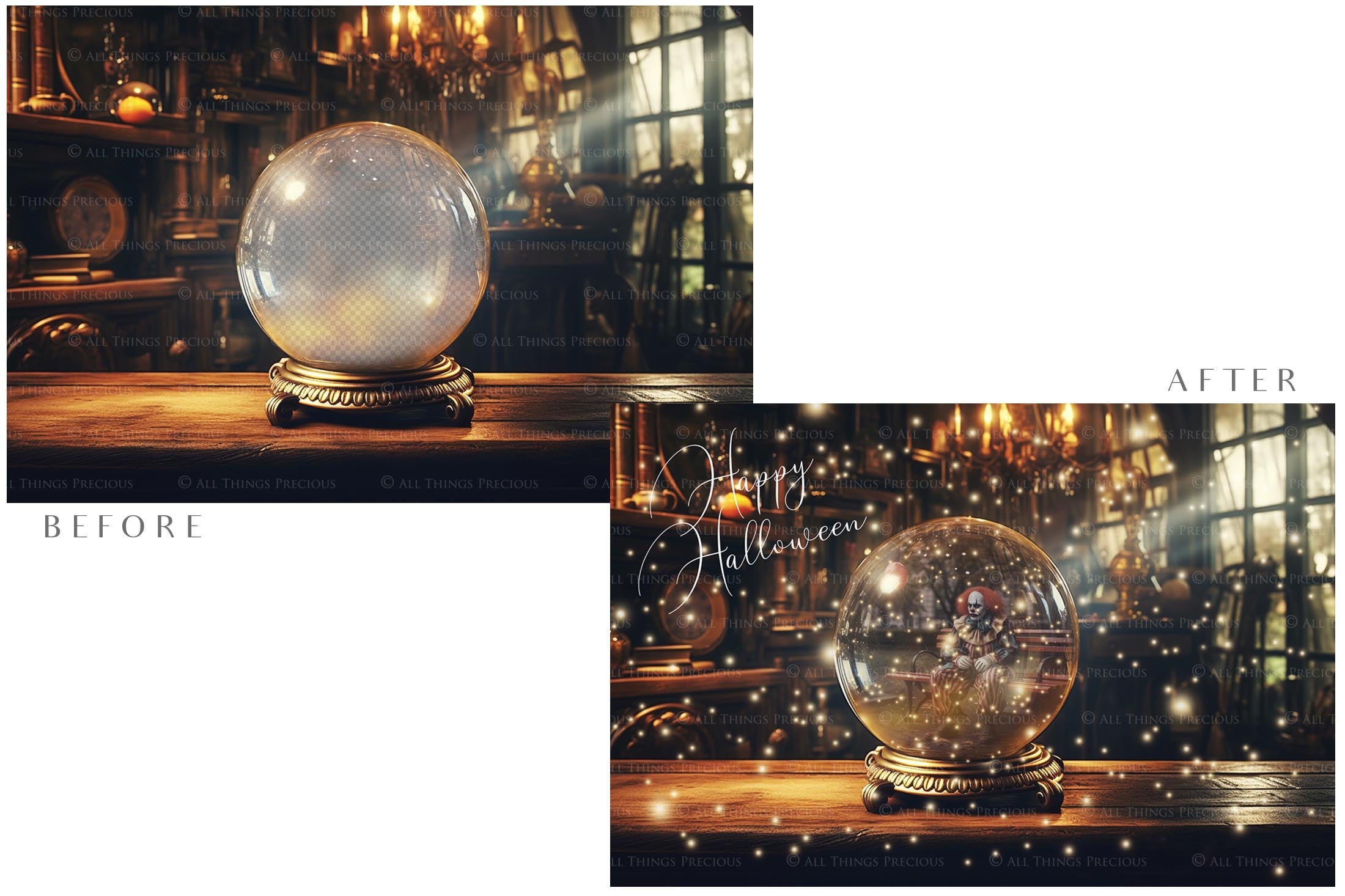 Magical Halloween Template Background. Snow globe with overlays. Add a photo to the digital background. Glass Effect Ornament bauble. Jpeg and Png copies. With magic overlays included. High resolution, quality files for photography, scrapbooking. ATP Textures.